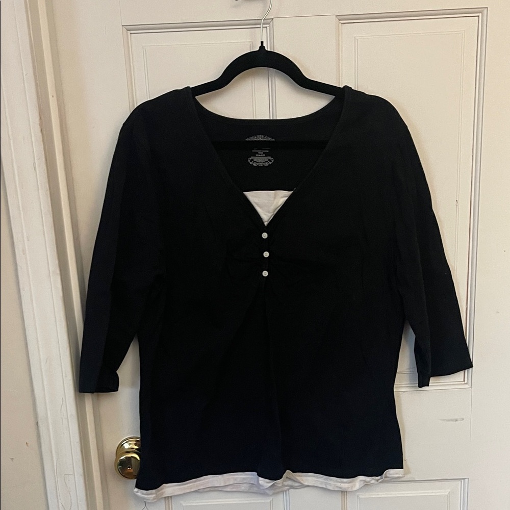 Venezia Black Layered-Look V-Neck Top with Button Detail